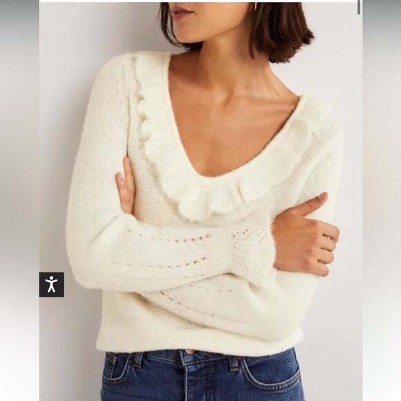 Boden Fluffy Frill V-neck Sweater Ivory Alpaca Size 12 - Picture 5 of 15